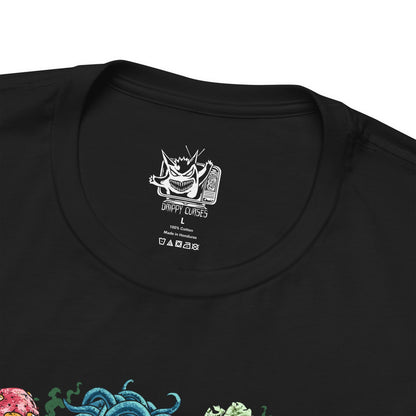 Folded T-Shirt design featuring a collection of Grass-type Pokémon gathered within a vibrant enchanted forest, surrounded by towering trees, flowering vines, and glowing leaves. Sunlight filters through the canopy as nature flourishes around them, highlighting their deep connection to forests, plants, and natural energy. The design captures the peaceful beauty, resilience, and elemental power that define Grass-type Pokémon.