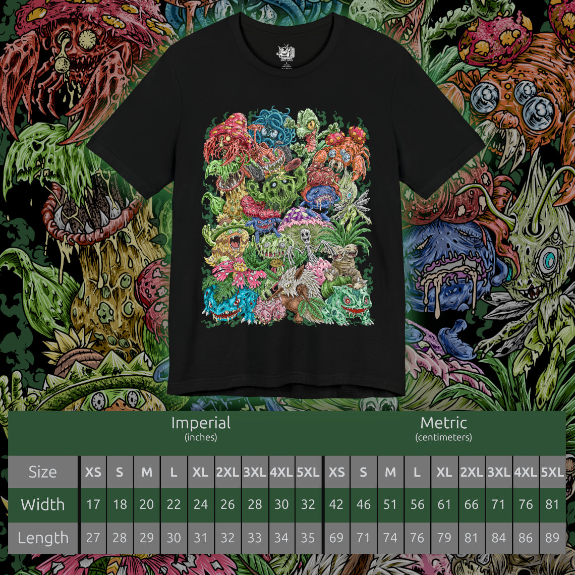 Size chart of a T-Shirt design featuring a collection of Grass-type Pokémon gathered within a vibrant enchanted forest, surrounded by towering trees, flowering vines, and glowing leaves. Sunlight filters through the canopy as nature flourishes around them, highlighting their deep connection to forests, plants, and natural energy. The design captures the peaceful beauty, resilience, and elemental power that define Grass-type Pokémon.