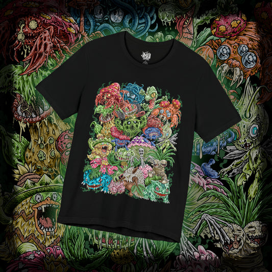 Thumbnail of a T-Shirt design featuring a collection of Grass-type Pokémon gathered within a vibrant enchanted forest, surrounded by towering trees, flowering vines, and glowing leaves. Sunlight filters through the canopy as nature flourishes around them, highlighting their deep connection to forests, plants, and natural energy. The design captures the peaceful beauty, resilience, and elemental power that define Grass-type Pokémon.