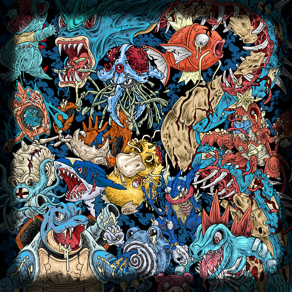 Concept Art of Cursed Water Type. From ghostly sea wanderers to colossal horrors sleeping beneath the ocean floor, Water-type Mons represent the eerie beauty and terrifying power of the deep. Legendary creatures like Gyarados, shadowy hunters such as Greninja, and ferocious beasts like Feraligatr take on a darker form, blending ancient myths, maritime nightmares, and supernatural energy into some of the most haunting interpretations of the world.