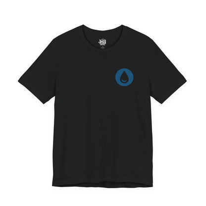 Image 4 of a T-Shirt artwork depicting iconic Water-type Pokémon emerging from an ancient coastal landscape where towering waterfalls, rocky cliffs, and deep blue oceans meet. Crystal-clear water spirals around them as sunlight reflects across the waves, creating a vibrant aquatic scene. The design reflects the diversity of Water-type Pokémon, from graceful swimmers to powerful ocean guardians.