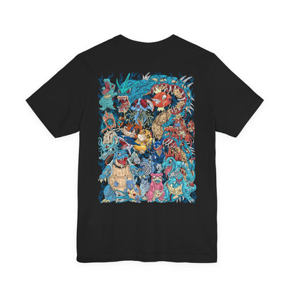 Image 5 of a T-Shirt artwork depicting iconic Water-type Pokémon emerging from an ancient coastal landscape where towering waterfalls, rocky cliffs, and deep blue oceans meet. Crystal-clear water spirals around them as sunlight reflects across the waves, creating a vibrant aquatic scene. The design reflects the diversity of Water-type Pokémon, from graceful swimmers to powerful ocean guardians.