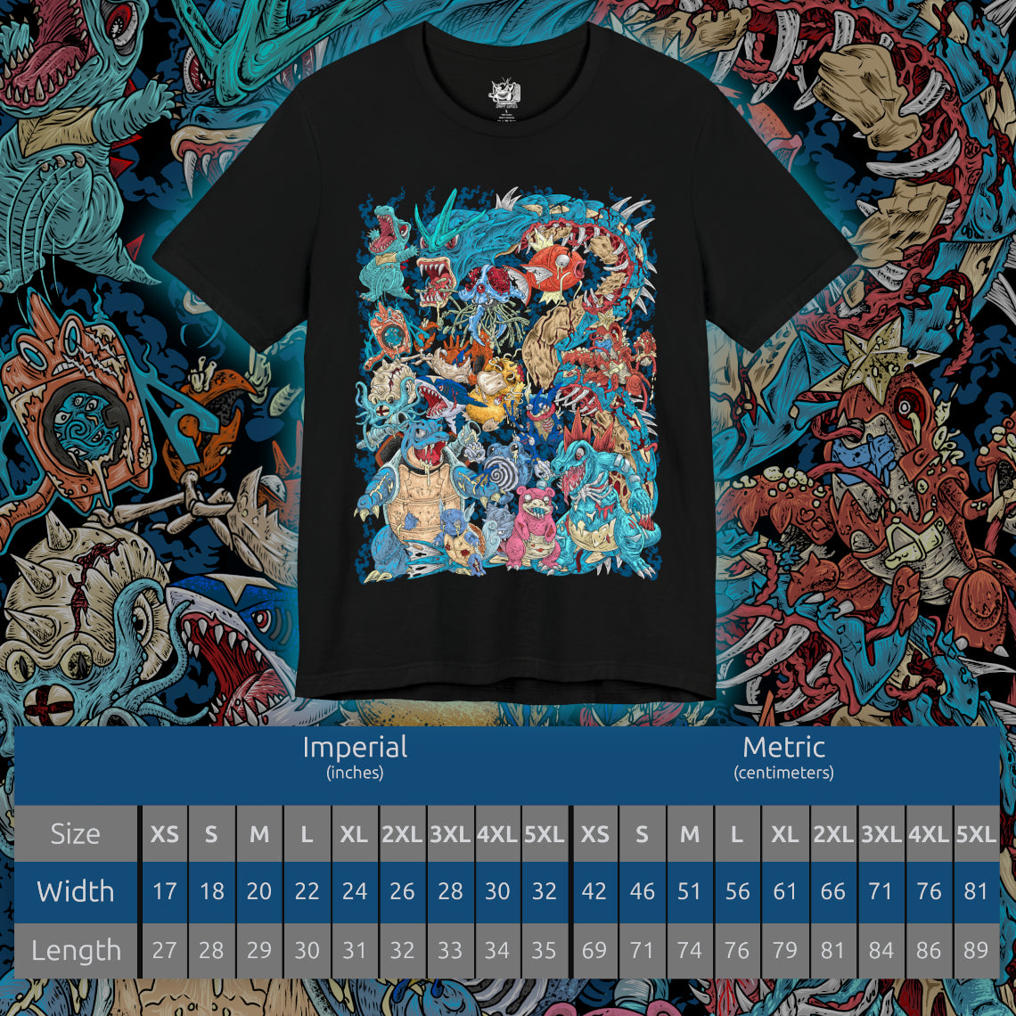 Size chart of a T-Shirt artwork depicting iconic Water-type Pokémon emerging from an ancient coastal landscape where towering waterfalls, rocky cliffs, and deep blue oceans meet. Crystal-clear water spirals around them as sunlight reflects across the waves, creating a vibrant aquatic scene. The design reflects the diversity of Water-type Pokémon, from graceful swimmers to powerful ocean guardians.