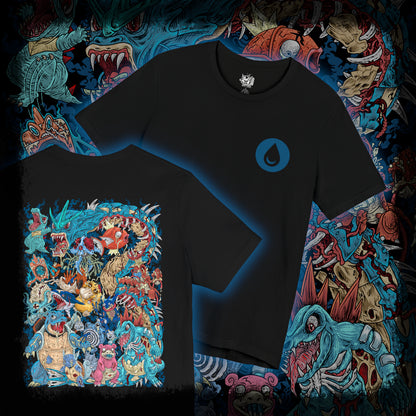 Thumbnail of a T-Shirt artwork depicting iconic Water-type Pokémon emerging from an ancient coastal landscape where towering waterfalls, rocky cliffs, and deep blue oceans meet. Crystal-clear water spirals around them as sunlight reflects across the waves, creating a vibrant aquatic scene. The design reflects the diversity of Water-type Pokémon, from graceful swimmers to powerful ocean guardians.