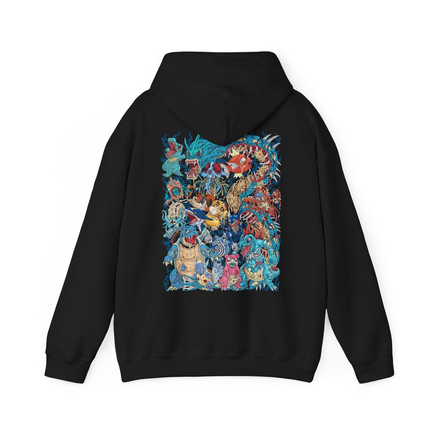 Image 5 of a Hooded Sweatshirt of powerful Water-type Pokémon commanding the sea amid rolling waves, ocean spray, and glowing aquatic energy. Schools of fish swim beneath the surface while storm clouds gather over the horizon, emphasizing the immense power of water in nature. The composition highlights fluid movement, elemental strength, and the timeless connection between Water-type Pokémon and their aquatic world.