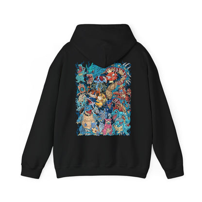 Image 5 of a Hooded Sweatshirt of powerful Water-type Pokémon commanding the sea amid rolling waves, ocean spray, and glowing aquatic energy. Schools of fish swim beneath the surface while storm clouds gather over the horizon, emphasizing the immense power of water in nature. The composition highlights fluid movement, elemental strength, and the timeless connection between Water-type Pokémon and their aquatic world.