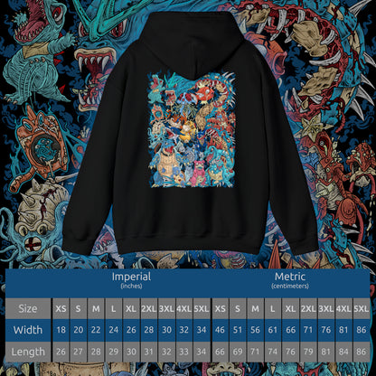 Size chart of a Hooded Sweatshirt of powerful Water-type Pokémon commanding the sea amid rolling waves, ocean spray, and glowing aquatic energy. Schools of fish swim beneath the surface while storm clouds gather over the horizon, emphasizing the immense power of water in nature. The composition highlights fluid movement, elemental strength, and the timeless connection between Water-type Pokémon and their aquatic world.