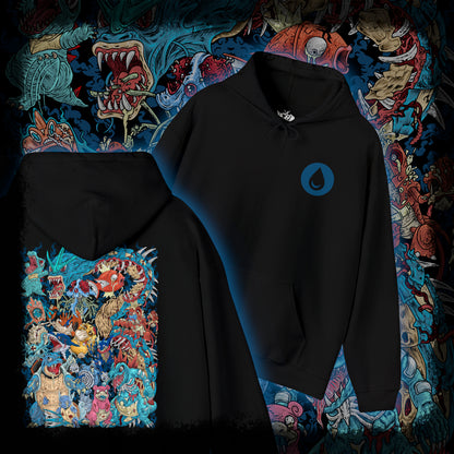 Thumbnail of a Hooded Sweatshirt of powerful Water-type Pokémon commanding the sea amid rolling waves, ocean spray, and glowing aquatic energy. Schools of fish swim beneath the surface while storm clouds gather over the horizon, emphasizing the immense power of water in nature. The composition highlights fluid movement, elemental strength, and the timeless connection between Water-type Pokémon and their aquatic world.