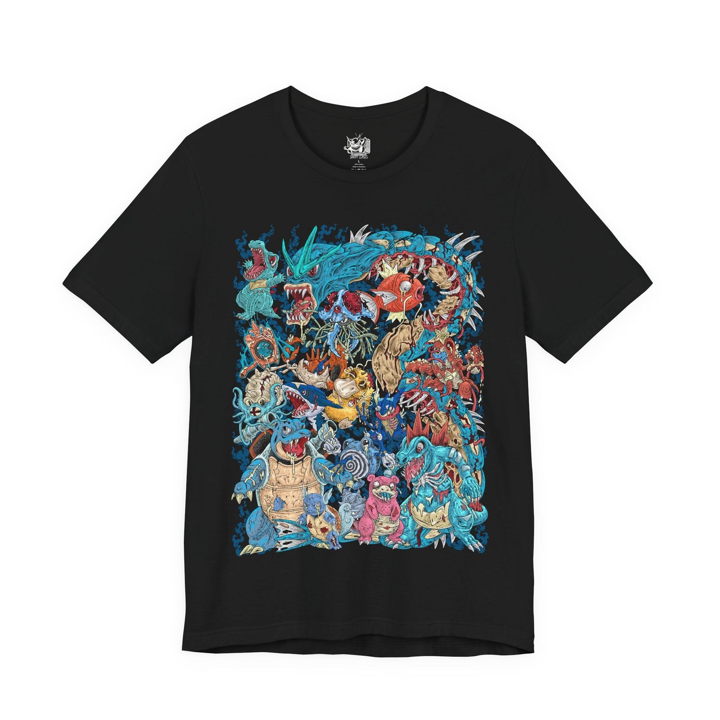 Image 4 of a T-Shirt design featuring a collection of Water-type Pokémon gathered beneath crashing ocean waves, surrounded by coral reefs, flowing currents, and shimmering blue light. Powerful tides swirl around the aquatic Pokémon as bubbles rise toward the surface. The design captures the beauty, adaptability, and elemental mastery that define Water-type Pokémon across rivers, lakes, and the open sea.