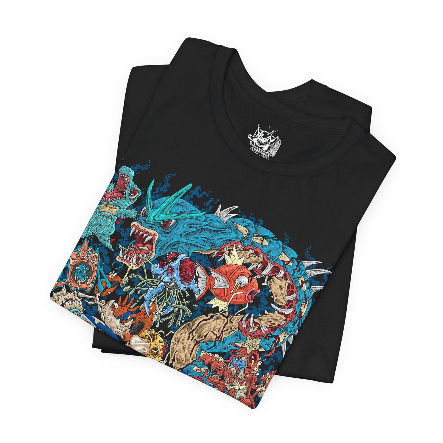 Image 5 of a T-Shirt design featuring a collection of Water-type Pokémon gathered beneath crashing ocean waves, surrounded by coral reefs, flowing currents, and shimmering blue light. Powerful tides swirl around the aquatic Pokémon as bubbles rise toward the surface. The design captures the beauty, adaptability, and elemental mastery that define Water-type Pokémon across rivers, lakes, and the open sea.