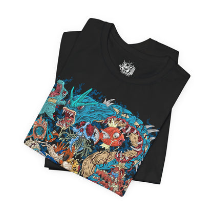 Image 5 of a T-Shirt design featuring a collection of Water-type Pokémon gathered beneath crashing ocean waves, surrounded by coral reefs, flowing currents, and shimmering blue light. Powerful tides swirl around the aquatic Pokémon as bubbles rise toward the surface. The design captures the beauty, adaptability, and elemental mastery that define Water-type Pokémon across rivers, lakes, and the open sea.