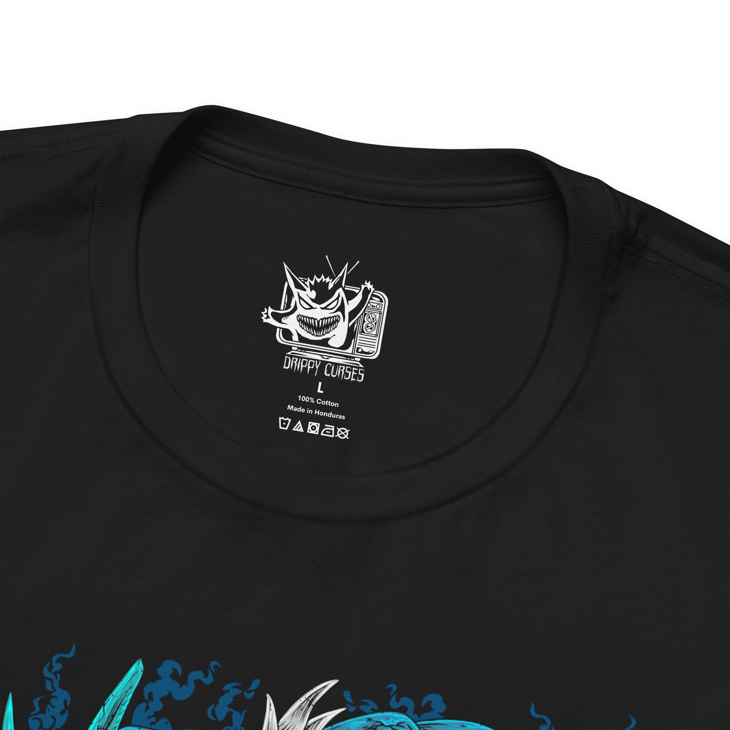 Folded T-Shirt design featuring a collection of Water-type Pokémon gathered beneath crashing ocean waves, surrounded by coral reefs, flowing currents, and shimmering blue light. Powerful tides swirl around the aquatic Pokémon as bubbles rise toward the surface. The design captures the beauty, adaptability, and elemental mastery that define Water-type Pokémon across rivers, lakes, and the open sea.