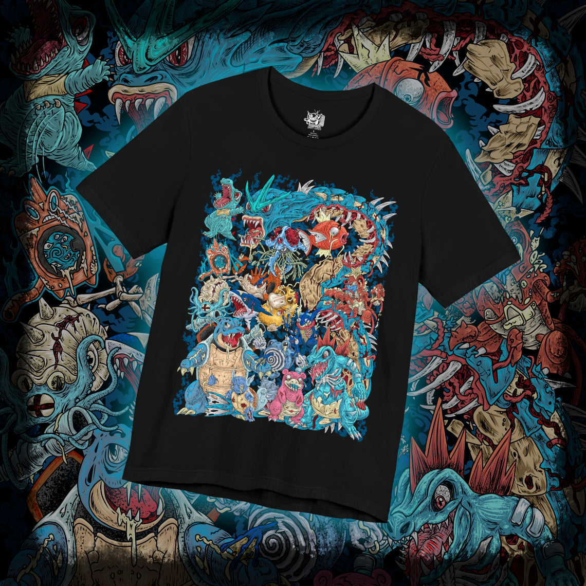 Thumbnail of a T-Shirt design featuring a collection of Water-type Pokémon gathered beneath crashing ocean waves, surrounded by coral reefs, flowing currents, and shimmering blue light. Powerful tides swirl around the aquatic Pokémon as bubbles rise toward the surface. The design captures the beauty, adaptability, and elemental mastery that define Water-type Pokémon across rivers, lakes, and the open sea.