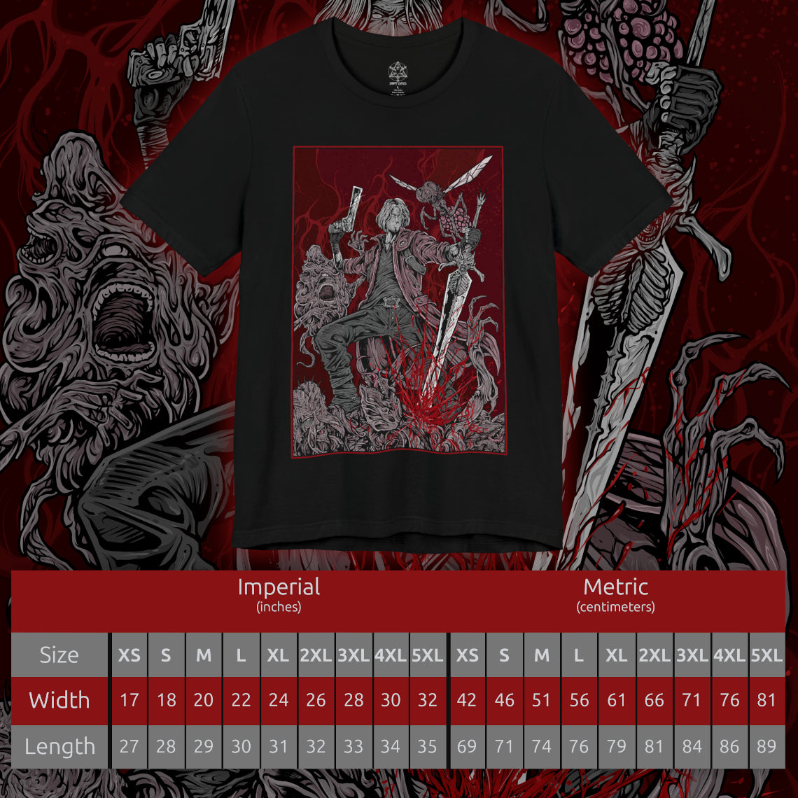 Size chart of a T-Shirt artwork depicting Dante mid-battle, unleashing a devastating combo with his sword and firearms as demonic energy erupts around him. Crimson light reflects off shattered ground while his expression remains calm and fearless. This design reflects Dante’s mastery of style and combat, blending speed, power, and attitude into one of gaming’s most iconic action heroes.