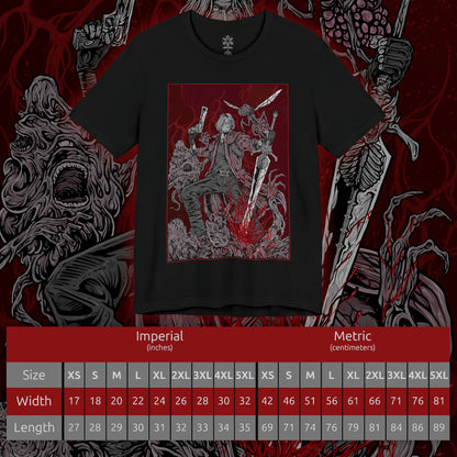 Size chart of a T-Shirt artwork depicting Dante mid-battle, unleashing a devastating combo with his sword and firearms as demonic energy erupts around him. Crimson light reflects off shattered ground while his expression remains calm and fearless. This design reflects Dante’s mastery of style and combat, blending speed, power, and attitude into one of gaming’s most iconic action heroes.