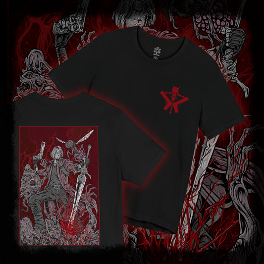 Thumbnail of a T-Shirt artwork depicting Dante mid-battle, unleashing a devastating combo with his sword and firearms as demonic energy erupts around him. Crimson light reflects off shattered ground while his expression remains calm and fearless. This design reflects Dante’s mastery of style and combat, blending speed, power, and attitude into one of gaming’s most iconic action heroes.