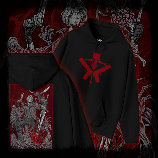 Thumbnail of a Hooded Sweatshirt of Dante standing victorious after a brutal fight, his red coat torn as demonic energy fades into the air. Weapons rest at his side while the battlefield lies in ruin behind him. The composition emphasizes resilience, swagger, and the legendary status of a half-demon warrior who thrives in the face of overwhelming odds.