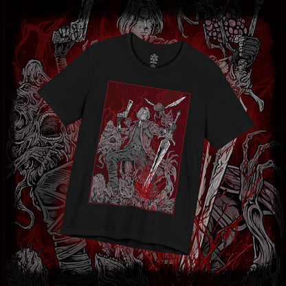 Thumbnail of a T-Shirt design of Dante from Devil May Cry 5, standing amid a storm of demonic energy with Rebellion in hand and Ebony & Ivory at the ready. His iconic red coat flows through the chaos as embers and hellish power surround him. The design captures Dante’s cocky confidence, unmatched combat skill, and relentless role as a demon hunter facing the forces of the underworld.