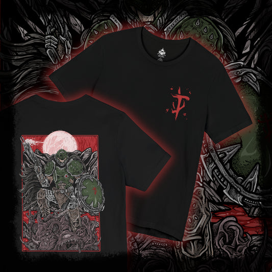 Thumbnail of a T-shirt artwork depicting the Doom Slayer charging through a war-torn medieval landscape, crushing demons beneath armored boots while wielding ancient, rune-etched weapons. Castles burn in the distance as portals to Hell tear open across the sky. This design reflects relentless aggression, apocalyptic warfare, and the Slayer’s eternal crusade against the forces of darkness.
