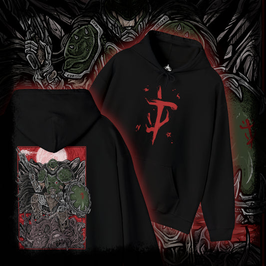 Thumbnail of a Hooded Sweatshirt of the Doom Slayer standing victorious over fallen demons in a gothic battlefield, his armor scarred and glowing with hellish energy. Massive weapons and medieval siege ruins surround him as flames rise into a storm-filled sky. The composition emphasizes power, brutality, and the primal war between humanity and Hell reimagined in a dark age setting.