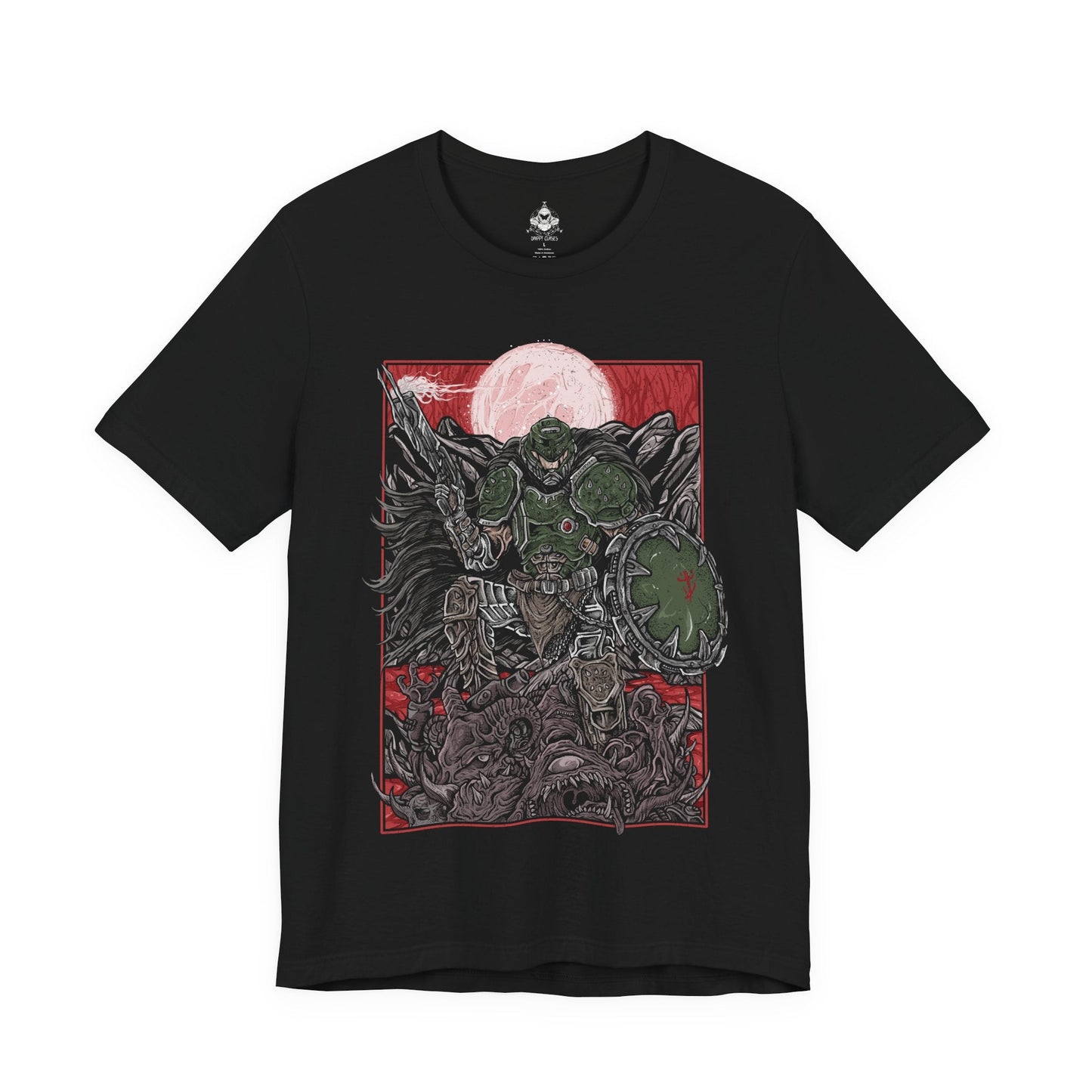Image 4 of a T-shirt design of the Doom Slayer from DOOM: The Dark Ages, clad in brutal medieval armor as he stands amid a battlefield of demons and shattered stone. A massive shield and weapon glow with infernal energy while hellfire erupts around him. The design captures the fusion of dark fantasy and sci-fi, showcasing the Slayer as an unstoppable force against demonic hordes.