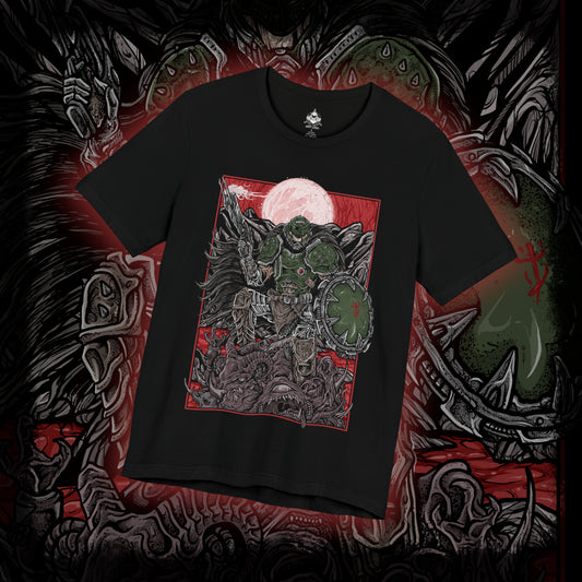Thumbnail of a T-shirt design of the Doom Slayer from DOOM: The Dark Ages, clad in brutal medieval armor as he stands amid a battlefield of demons and shattered stone. A massive shield and weapon glow with infernal energy while hellfire erupts around him. The design captures the fusion of dark fantasy and sci-fi, showcasing the Slayer as an unstoppable force against demonic hordes.