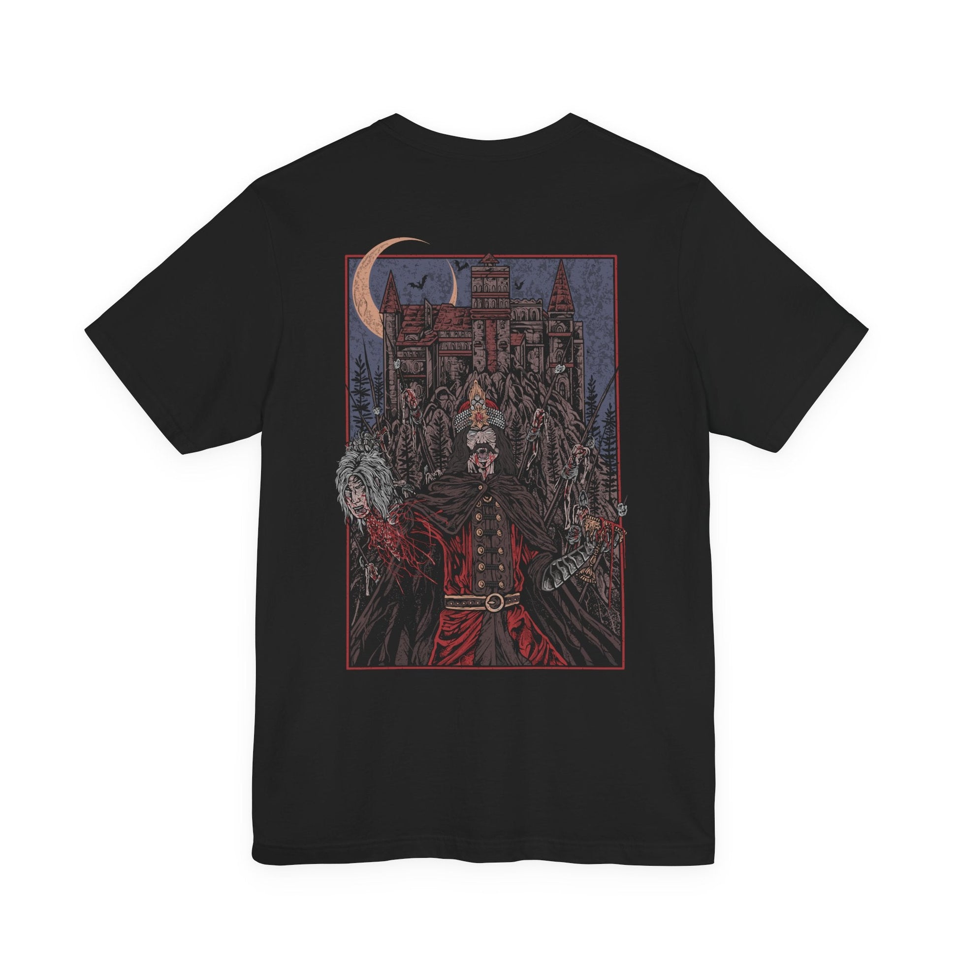 Image 5 of a T-shirt featuring Vlad the Impaler, the historical figure who inspired the Dracula legend. Known for his ruthless tactics and fearsome rule over Wallachia, Vlad III stands with blood-soaked armor and a gaze of vengeance. This design channels the dark legend of the 15th-century warlord who impaled his enemies to instill terror.