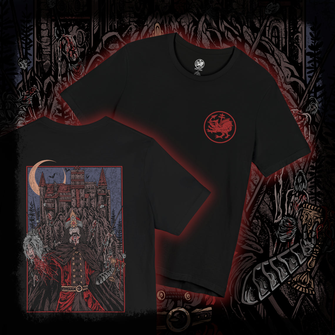 Thumbnail of a T-shirt featuring Vlad the Impaler, the historical figure who inspired the Dracula legend. Known for his ruthless tactics and fearsome rule over Wallachia, Vlad III stands with blood-soaked armor and a gaze of vengeance. This design channels the dark legend of the 15th-century warlord who impaled his enemies to instill terror.