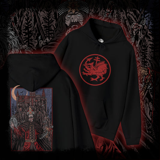 Thumbnail of a Vlad the Impaler Hooded Sweatshirt portraying the infamous prince of Wallachia who ruled with an iron fist and unrelenting cruelty. With a spiked battlefield behind him and a crown of iron, Vlad’s legacy is one of terror, justice, and blood. This design honors the grim legend that gave rise to centuries of vampire lore.