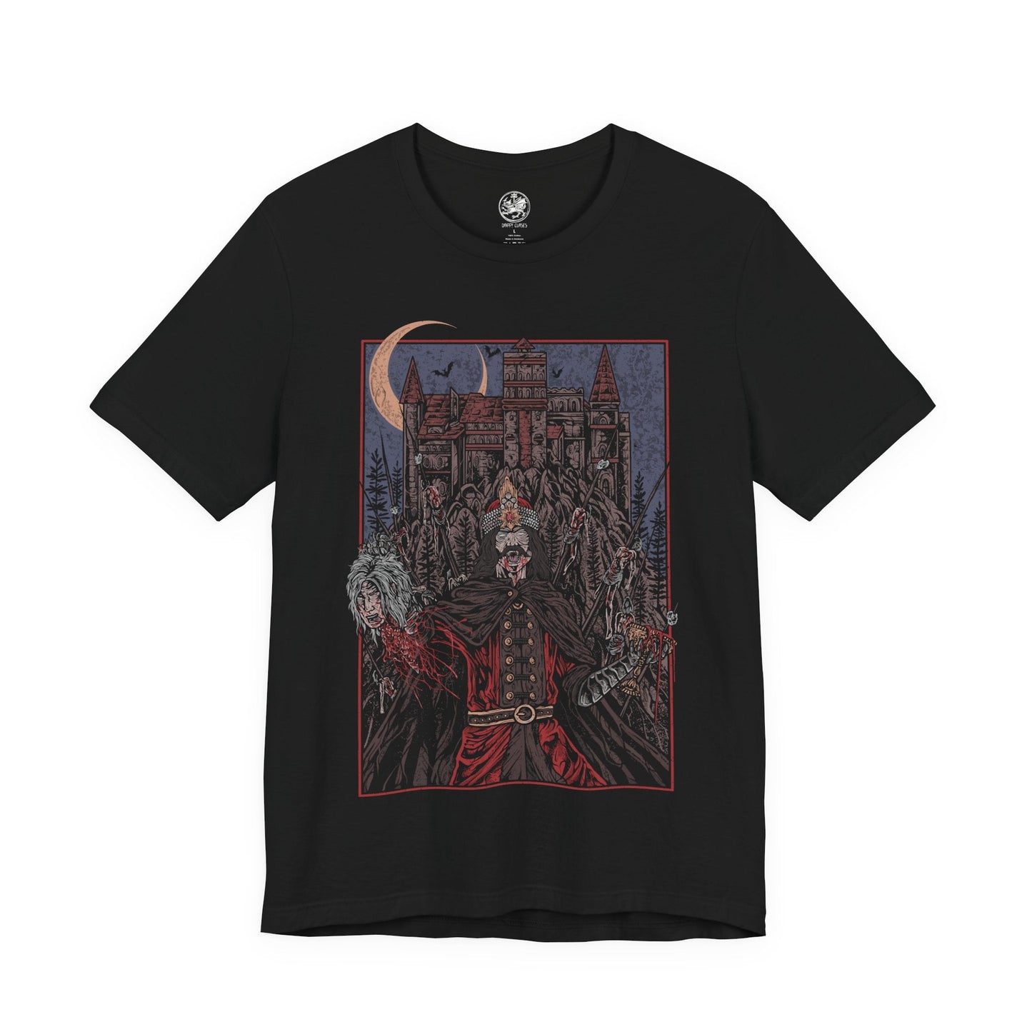 Image 4 of a T-shirt showcasing Vlad the Impaler, also known as Vlad Dracula, the fearsome Wallachian prince whose brutal methods made him a figure of horror and myth. Cloaked in medieval armor and set against a backdrop of gothic towers and burning skies, this artwork captures the eerie power of the original vampire legend.