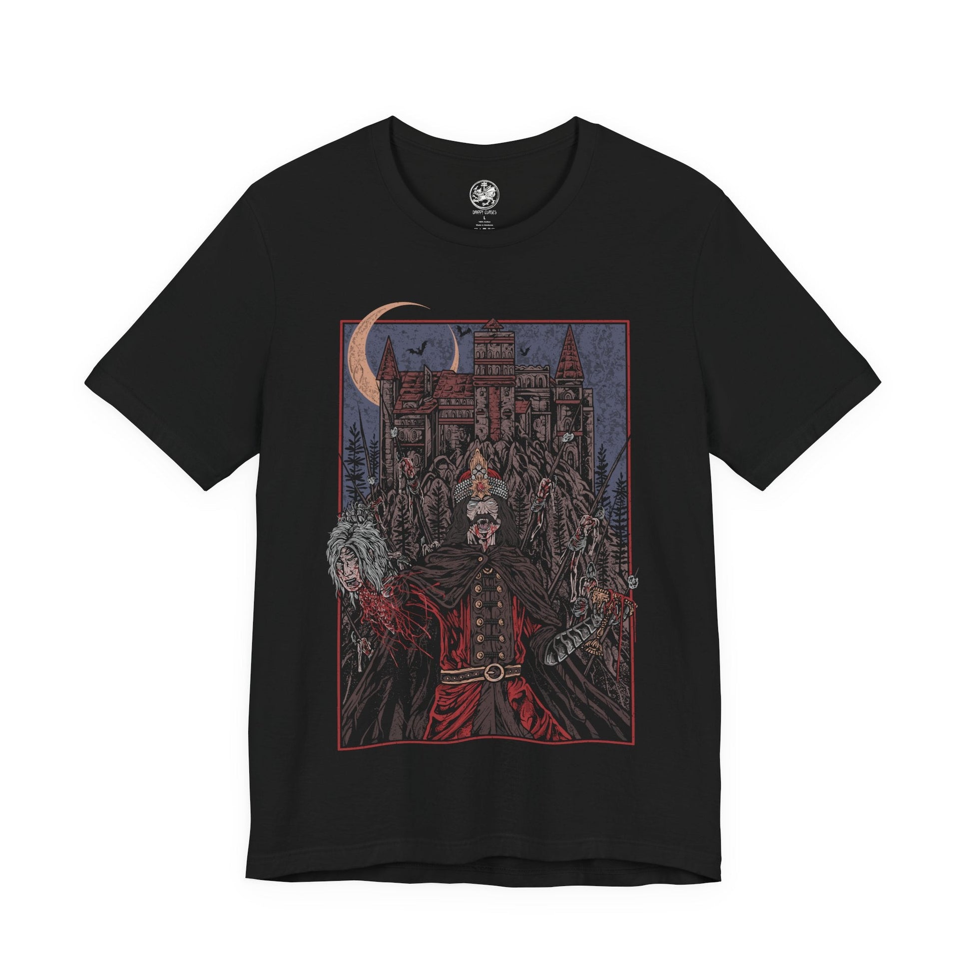 Image 4 of a T-shirt showcasing Vlad the Impaler, also known as Vlad Dracula, the fearsome Wallachian prince whose brutal methods made him a figure of horror and myth. Cloaked in medieval armor and set against a backdrop of gothic towers and burning skies, this artwork captures the eerie power of the original vampire legend.