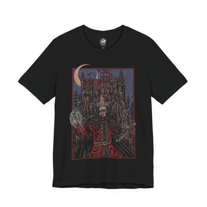 Image 4 of a T-shirt showcasing Vlad the Impaler, also known as Vlad Dracula, the fearsome Wallachian prince whose brutal methods made him a figure of horror and myth. Cloaked in medieval armor and set against a backdrop of gothic towers and burning skies, this artwork captures the eerie power of the original vampire legend.