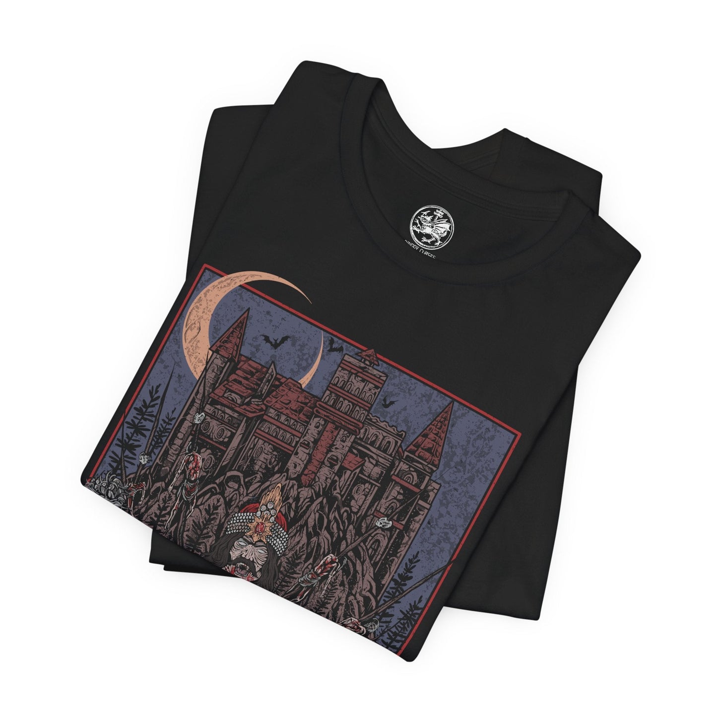 Image 5 of a T-shirt showcasing Vlad the Impaler, also known as Vlad Dracula, the fearsome Wallachian prince whose brutal methods made him a figure of horror and myth. Cloaked in medieval armor and set against a backdrop of gothic towers and burning skies, this artwork captures the eerie power of the original vampire legend.