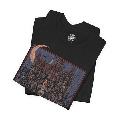 Image 5 of a T-shirt showcasing Vlad the Impaler, also known as Vlad Dracula, the fearsome Wallachian prince whose brutal methods made him a figure of horror and myth. Cloaked in medieval armor and set against a backdrop of gothic towers and burning skies, this artwork captures the eerie power of the original vampire legend.