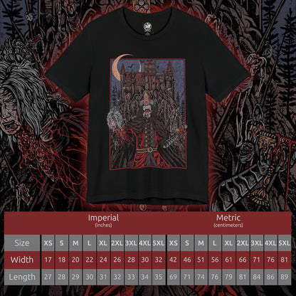 Size chart of a T-shirt showcasing Vlad the Impaler, also known as Vlad Dracula, the fearsome Wallachian prince whose brutal methods made him a figure of horror and myth. Cloaked in medieval armor and set against a backdrop of gothic towers and burning skies, this artwork captures the eerie power of the original vampire legend.