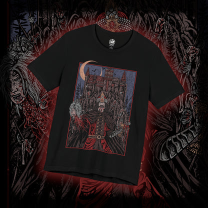 Thumbnail of a T-shirt showcasing Vlad the Impaler, also known as Vlad Dracula, the fearsome Wallachian prince whose brutal methods made him a figure of horror and myth. Cloaked in medieval armor and set against a backdrop of gothic towers and burning skies, this artwork captures the eerie power of the original vampire legend.