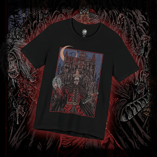 Thumbnail of a T-shirt showcasing Vlad the Impaler, also known as Vlad Dracula, the fearsome Wallachian prince whose brutal methods made him a figure of horror and myth. Cloaked in medieval armor and set against a backdrop of gothic towers and burning skies, this artwork captures the eerie power of the original vampire legend.