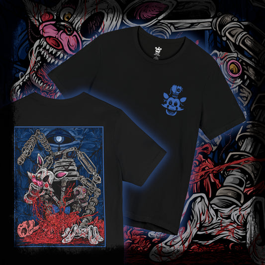 Thumbnail of a T-Shirt artwork depicting Mangle crawling through a dimly lit pizzeria hallway, its torn pink-and-white animatronic shell exposing tangled endoskeleton parts and sparking wires. Flickering lights cast distorted shadows across the floor as the creature moves unnaturally through the darkness. This design reflects fear, decay, and the chaotic appearance that defines Mangle’s terrifying reputation.