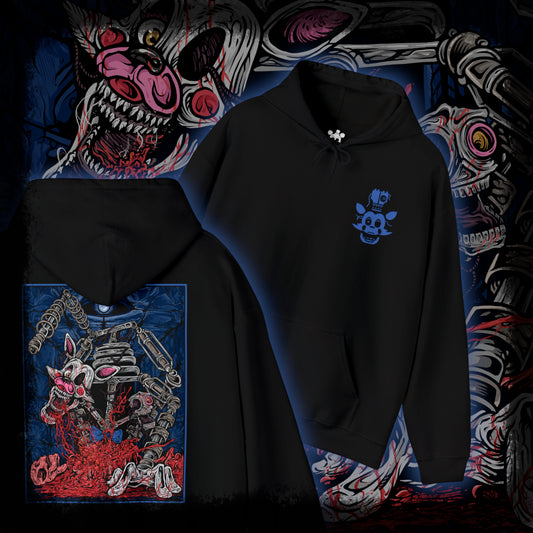 Thumbnail of a Hooded Sweatshirt illustration of Mangle suspended among hanging cables and broken machinery, multiple mechanical limbs stretching outward as static-filled screens glow in the background. Its shattered face and glowing eyes create an atmosphere of panic and unease. The composition emphasizes animatronic corruption, psychological tension, and the nightmare-like horror central to the Five Nights at Freddy’s series.