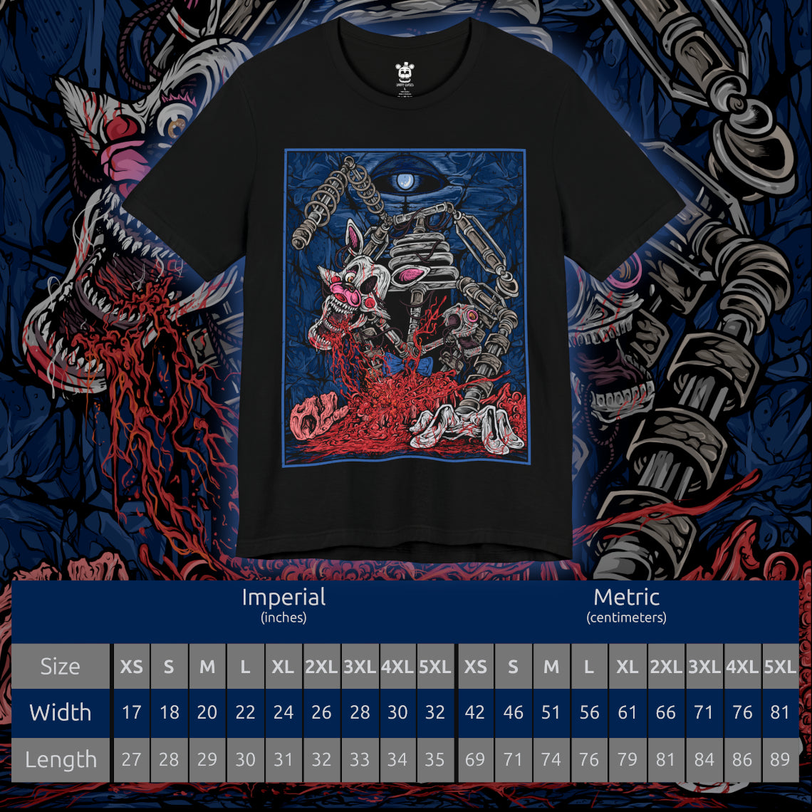Size chart of a T-Shirt design of Mangle from Five Nights at Freddy’s, hanging from the ceiling in a dark security room as exposed wires and broken animatronic parts twist around its mangled body. One glowing eye stares through the darkness while static flickers across nearby monitors. The design captures mechanical horror, instability, and the unsettling presence of one of FNAF’s most disturbing animatronics.