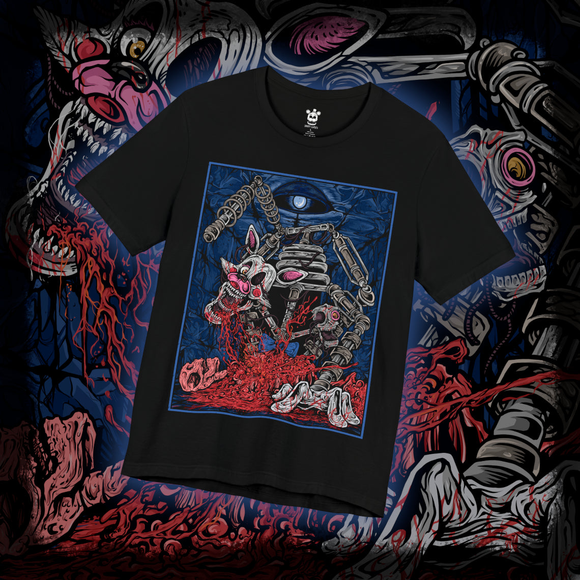 Thumbnail of a T-Shirt design of Mangle from Five Nights at Freddy’s, hanging from the ceiling in a dark security room as exposed wires and broken animatronic parts twist around its mangled body. One glowing eye stares through the darkness while static flickers across nearby monitors. The design captures mechanical horror, instability, and the unsettling presence of one of FNAF’s most disturbing animatronics.