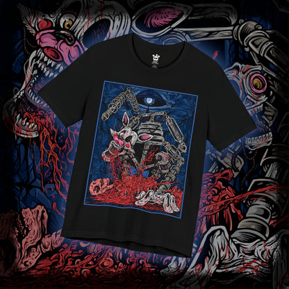 Thumbnail of a T-Shirt design of Mangle from Five Nights at Freddy’s, hanging from the ceiling in a dark security room as exposed wires and broken animatronic parts twist around its mangled body. One glowing eye stares through the darkness while static flickers across nearby monitors. The design captures mechanical horror, instability, and the unsettling presence of one of FNAF’s most disturbing animatronics.
