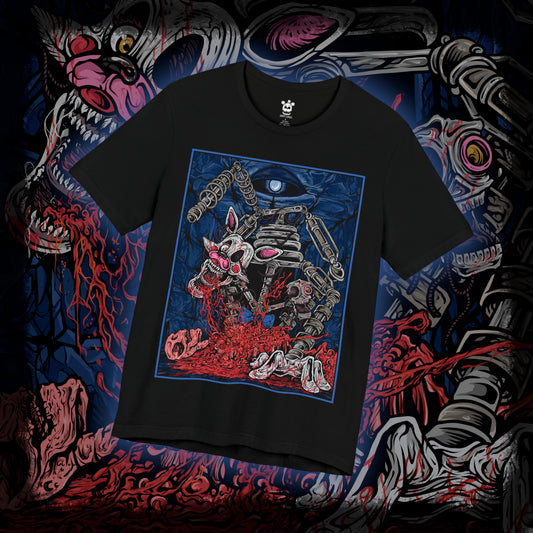 Thumbnail of a T-Shirt design of Mangle from Five Nights at Freddy’s, hanging from the ceiling in a dark security room as exposed wires and broken animatronic parts twist around its mangled body. One glowing eye stares through the darkness while static flickers across nearby monitors. The design captures mechanical horror, instability, and the unsettling presence of one of FNAF’s most disturbing animatronics.