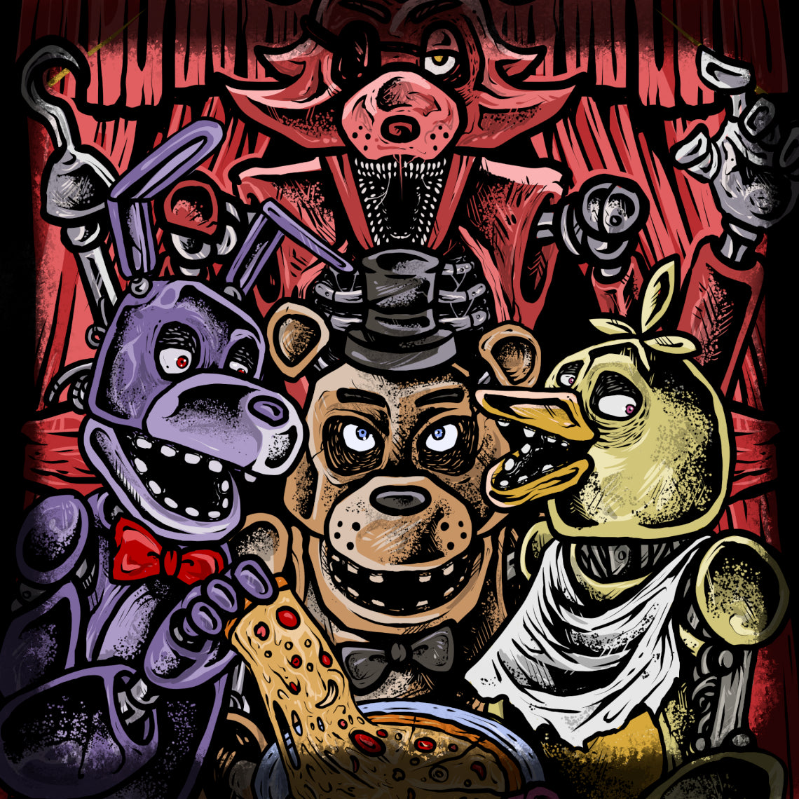 Artwork of FNAF Freddy Fazbear Pizzeria. Freddy Fazbear, Bonnie, Chica, and Foxy are the original mascots of Freddy Fazbear's Pizza, the haunted restaurant at the heart of the Five Nights at Freddy's. By day they entertain children, but after dark they roam the halls, driven by the restless spirits trapped within their mechanical bodies.