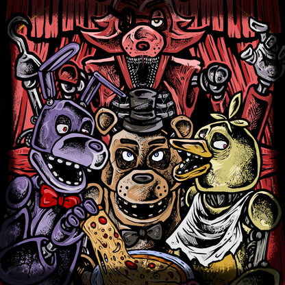 Artwork of FNAF Freddy Fazbear Pizzeria. Freddy Fazbear, Bonnie, Chica, and Foxy are the original mascots of Freddy Fazbear's Pizza, the haunted restaurant at the heart of the Five Nights at Freddy's. By day they entertain children, but after dark they roam the halls, driven by the restless spirits trapped within their mechanical bodies.