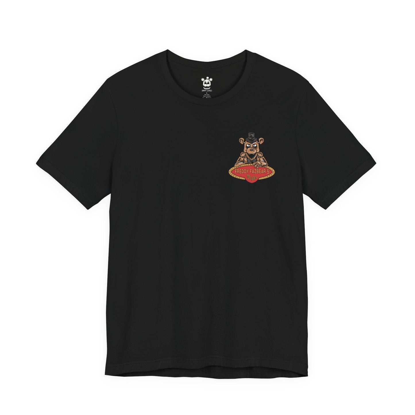 Image 4 of a T-Shirt artwork depicting the four original animatronics gathered inside Freddy Fazbear's Pizzeria, with Freddy gripping his microphone, Bonnie holding his guitar, Chica clutching her cupcake, and Foxy emerging from Pirate Cove. Broken arcade machines, security cameras, and flickering lights create an atmosphere of suspense. The design reflects the mystery, nostalgia, and horror that made Five Nights at Freddy's a legendary franchise.