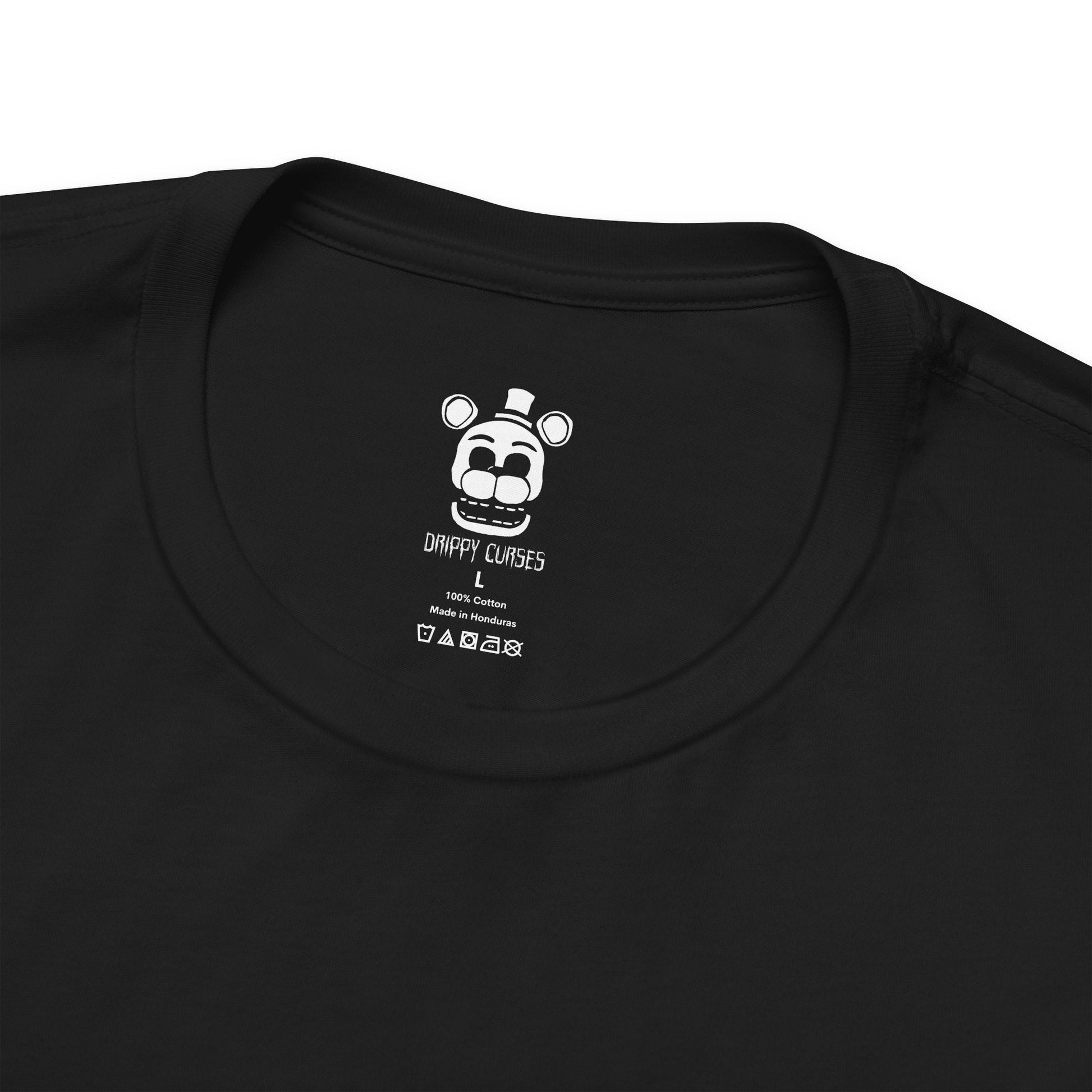 Folded T-Shirt artwork depicting the four original animatronics gathered inside Freddy Fazbear's Pizzeria, with Freddy gripping his microphone, Bonnie holding his guitar, Chica clutching her cupcake, and Foxy emerging from Pirate Cove. Broken arcade machines, security cameras, and flickering lights create an atmosphere of suspense. The design reflects the mystery, nostalgia, and horror that made Five Nights at Freddy's a legendary franchise.