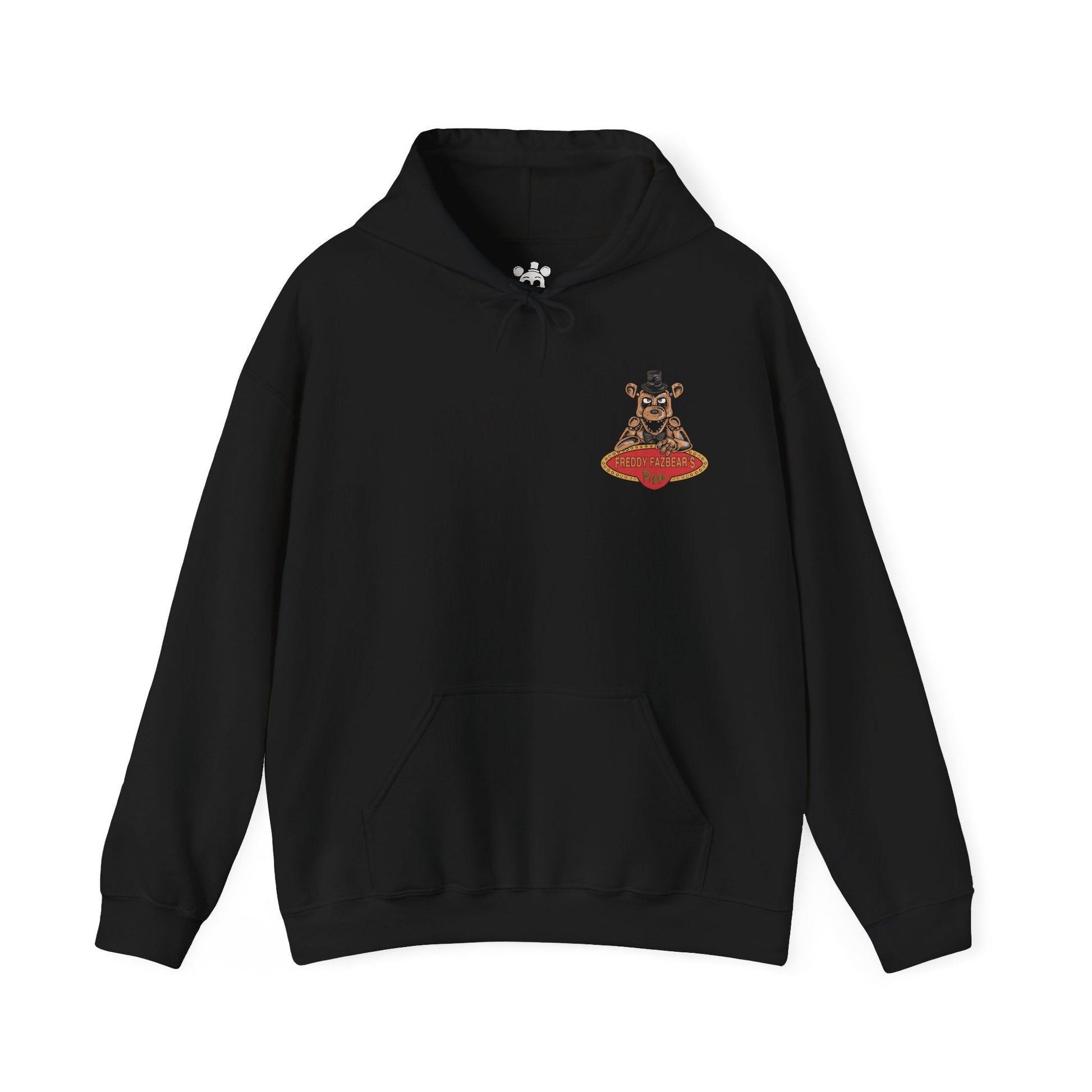 Image 4 of a Hooded Sweatshirt of Freddy Fazbear, Bonnie, Chica, and Foxy emerging from the shadows of Freddy Fazbear's Pizzeria, their glowing eyes piercing the darkness as abandoned party tables and colorful balloons contrast with the eerie setting. Static flickers across security monitors while the stage stands silent behind them. The composition emphasizes animatronic horror, suspense, and the unforgettable cast that defines Five Nights at Freddy's.