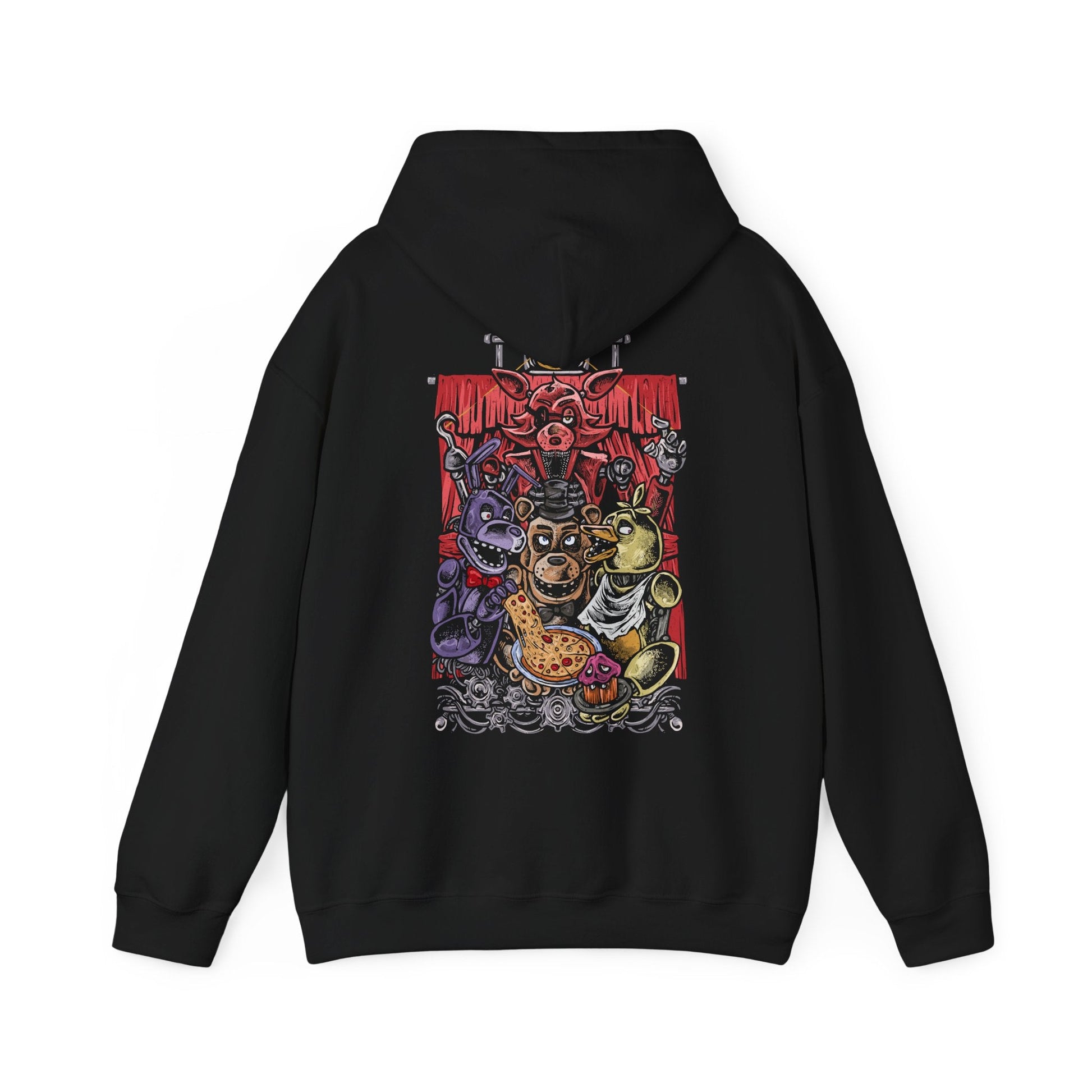 Image 5 of a Hooded Sweatshirt of Freddy Fazbear, Bonnie, Chica, and Foxy emerging from the shadows of Freddy Fazbear's Pizzeria, their glowing eyes piercing the darkness as abandoned party tables and colorful balloons contrast with the eerie setting. Static flickers across security monitors while the stage stands silent behind them. The composition emphasizes animatronic horror, suspense, and the unforgettable cast that defines Five Nights at Freddy's.