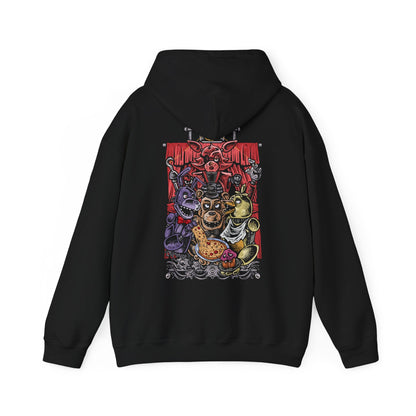 Image 5 of a Hooded Sweatshirt of Freddy Fazbear, Bonnie, Chica, and Foxy emerging from the shadows of Freddy Fazbear's Pizzeria, their glowing eyes piercing the darkness as abandoned party tables and colorful balloons contrast with the eerie setting. Static flickers across security monitors while the stage stands silent behind them. The composition emphasizes animatronic horror, suspense, and the unforgettable cast that defines Five Nights at Freddy's.